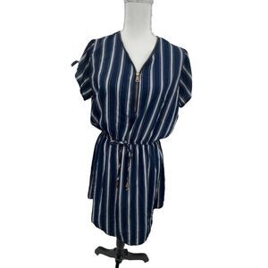 Stella tweed short sleeve blue striped mini dress tie closure size large